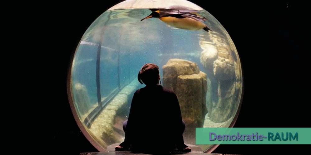 Eine Frau sitzt mit dem Rücken zum Betrachter vor einem runden Guckloch, das Sicht auf ein Aquarium lässt in dem ein Pinguin schwimmt. Der Rest des Bildes ist schwarz, so dass der Eindruck entsteht die Frau sitzt vor einer Blase.