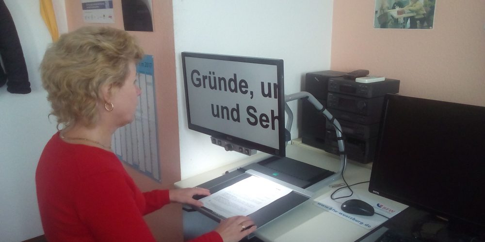 Sylvia Schäfer schaut sich an einem Monitor einen stark vergrößerten Text eines Dokuments an.