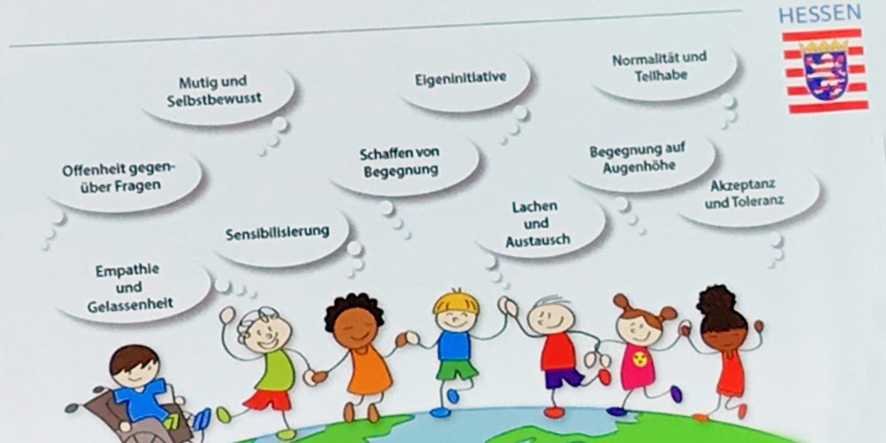 Eine Zeichnung mit Kindern unterschiedlicher Herkunft die sich an den Händen halten und springen - auf einer Weltkugel. Darüber sind Begriffe zum Gelingen von Inklusion.