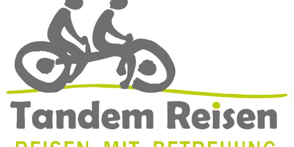 Das Logo zeigt zwei Personen auf einem Tandem-Fahrrad. Das Logo von Tandem-Reisen für Reisen mit Betreuung.