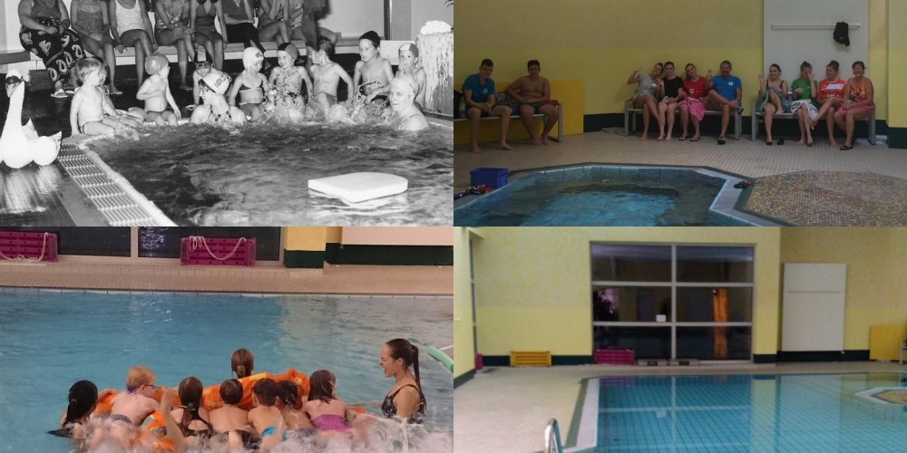 Eine Collage aus vier Bildern zeigt die Anfänge des Therapiebecken in schwarz-weiß und dann das Becken mit a) Kindern auf Schwimmnudeln,b) Kinder, die am Rand sitzen und warten und c) das leere Becken mit Wasser gefüllt.
