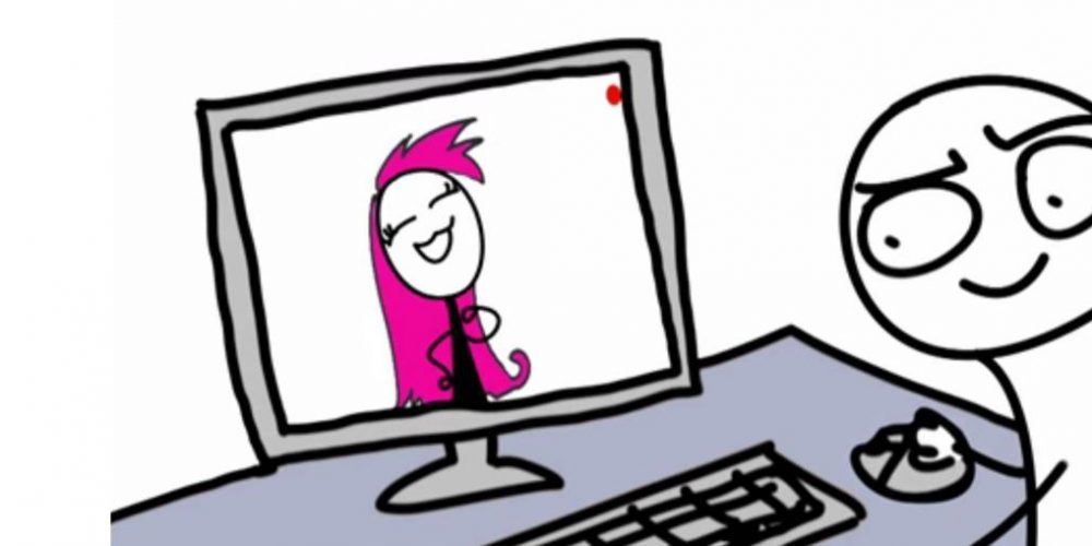 Zeichnung zeigt eine Strichmännchen, dass in einen PC-Bildschirm schaut und dort ein Mädchen mit langen roten Haaren sieht.