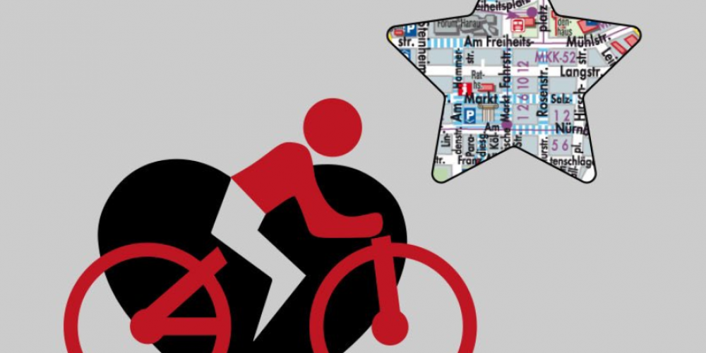 Auf dem Bild sieht man rechts oben einen Stern, in dessen Inhalt eine Karte von Hanau mit dem Freiheitsplatz gezeigt wird. Unten links ist ein schwarzes Herz mit einem roten Fahrradfahrer im Vordergrund illustriert.