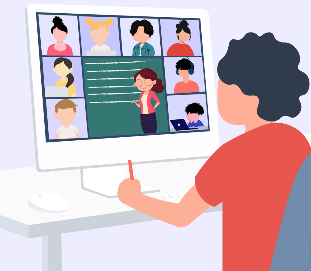 Wir sehen eine Illustration. Ein Schüler in rotem T-Shirt sitzt vor einem Computer-Bildschirm und sieht mehrere Kacheln mit Mitschüler:innen und in der Mitte die Lehrerin, die den Unterricht abhält.