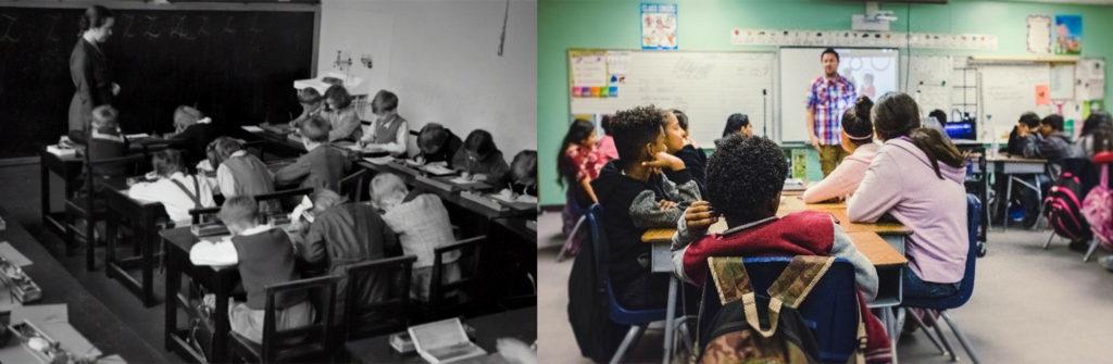 Wir sehen zwei Bilder nebeneinander. Eines zeigt ein Klassenzimmer in Schwarz-Weiß. Die Aufnahme ist ungefähr von 1960. Das zweite Bild zeigt eine Farbaufnahme einer Schulklasse heute. Die Tische sind anders angeordnet, aber der Frontalunterricht ist der gleiche.